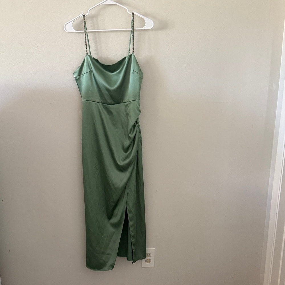 Zara Olive Green Satin Midi Slip Dress with Side Ruche and Slit
